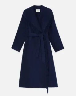 Lafayette 148 New York Brushed Cashmere Double Face Fringed Oversized Coat Midnight Blue