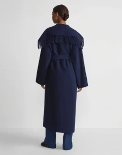 Lafayette 148 New York Brushed Cashmere Double Face Fringed Oversized Coat Midnight Blue