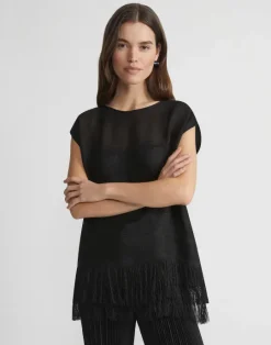 Outlet Lafayette 148 New York Burlap Jacquard Linen Viscose-Silk Fringed Blouse Black