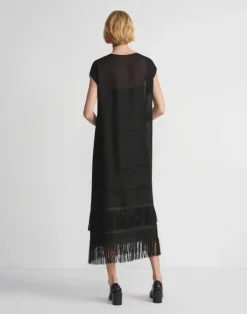 New Lafayette 148 New York Burlap Jacquard Linen Viscose-Silk Fringed Dress Black