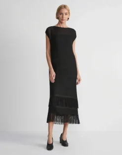 New Lafayette 148 New York Burlap Jacquard Linen Viscose-Silk Fringed Dress Black
