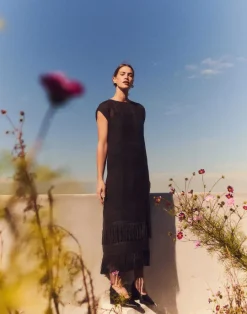 New Lafayette 148 New York Burlap Jacquard Linen Viscose-Silk Fringed Dress Black