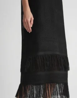New Lafayette 148 New York Burlap Jacquard Linen Viscose-Silk Fringed Dress Black