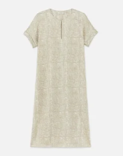 Hot Lafayette 148 New York Burlap Print Crinkle Stretch Silk T-Shirt Dress Cadet Khaki Multi