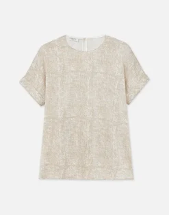 Clearance Lafayette 148 New York Burlap Print Crinkle Stretch Silk T-Shirt Blouse Cadet Khaki Multi