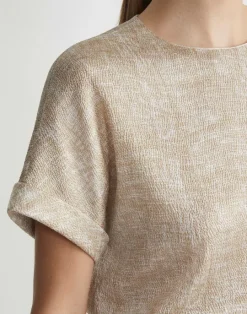 Clearance Lafayette 148 New York Burlap Print Crinkle Stretch Silk T-Shirt Blouse Cadet Khaki Multi