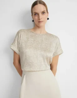 Clearance Lafayette 148 New York Burlap Print Crinkle Stretch Silk T-Shirt Blouse Cadet Khaki Multi