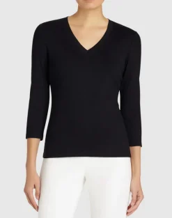 Discount Lafayette 148 New York Cotton Rib V-Neck T-Shirt Pool