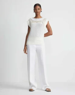 Outlet Lafayette 148 New York Cotton-Silk Hand Macram Trim Sweater White Multi