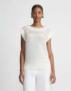 Outlet Lafayette 148 New York Cotton-Silk Hand Macram Trim Sweater White Multi