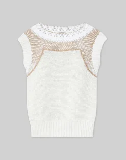 Outlet Lafayette 148 New York Cotton-Silk Hand Macram Trim Sweater White Multi