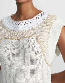 Outlet Lafayette 148 New York Cotton-Silk Hand Macram Trim Sweater White Multi