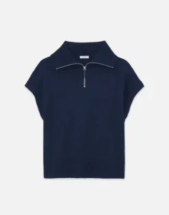 Sale Lafayette 148 New York Cotton-Silk Tape Half Zip Sweater Midnight Blue