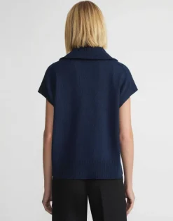 Sale Lafayette 148 New York Cotton-Silk Tape Half Zip Sweater Midnight Blue