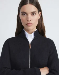 Outlet Lafayette 148 New York Cotton-Silk Tape Knit Bomber Navy