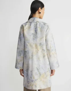 Lafayette 148 New York Eco Fern Print Linen-Poly Overcoat Bluestone Multi