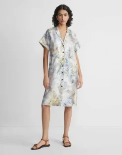 New Lafayette 148 New York Eco Fern Print Silk Twill Tunic Button Dress Bluestone Multi