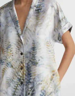 New Lafayette 148 New York Eco Fern Print Silk Twill Tunic Button Dress Bluestone Multi