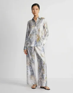 Sale Lafayette 148 New York Eco Fern Print Silk Twill Riverside Pant Bluestone Multi
