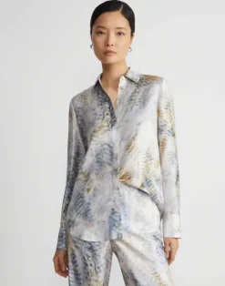 Sale Lafayette 148 New York Eco Fern Print Silk Twill Buttoned Blouse Bluestone Multi