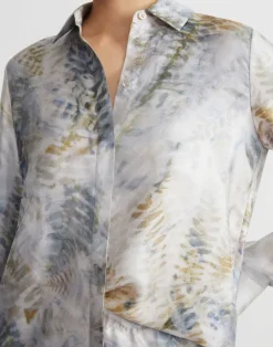 Sale Lafayette 148 New York Eco Fern Print Silk Twill Buttoned Blouse Bluestone Multi