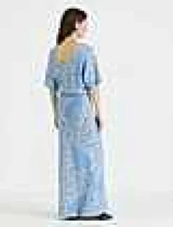 Clearance Lafayette 148 New York Eco Flora Jacquard Finespun Voile Convertible Sweater Dress Sky Blue Multi