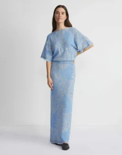 Clearance Lafayette 148 New York Eco Flora Jacquard Finespun Voile Convertible Sweater Dress Sky Blue Multi