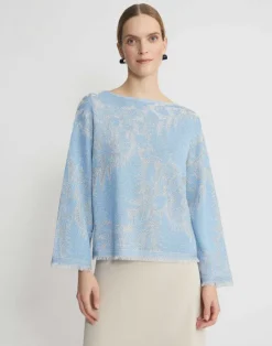 Lafayette 148 New York Eco Flora Jacquard Finespun Voile Bateau Sweater Sky Blue Multi