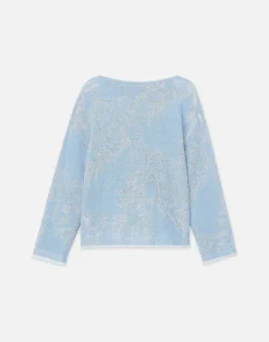 Lafayette 148 New York Eco Flora Jacquard Finespun Voile Bateau Sweater Sky Blue Multi