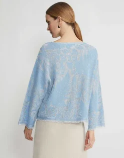 Lafayette 148 New York Eco Flora Jacquard Finespun Voile Bateau Sweater Sky Blue Multi
