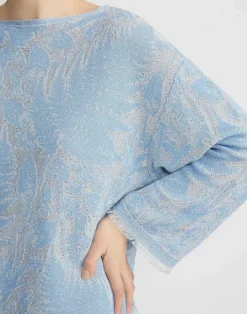 Lafayette 148 New York Eco Flora Jacquard Finespun Voile Bateau Sweater Sky Blue Multi