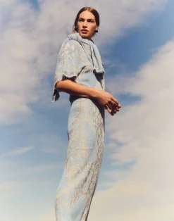 Lafayette 148 New York Eco Flora Jacquard Finespun Voile Bateau Sweater Sky Blue Multi