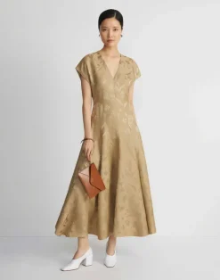 Clearance Lafayette 148 New York Eco Flora Jacquard Linen-Viscose Flared Dress Cadet Khaki