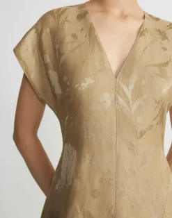 Clearance Lafayette 148 New York Eco Flora Jacquard Linen-Viscose Flared Dress Cadet Khaki