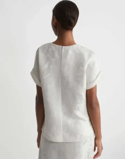 Discount Lafayette 148 New York Eco Flora Jacquard Linen-Viscose T-Shirt Blouse Pebble
