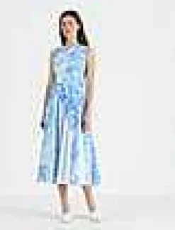 Lafayette 148 New York Eco Flora Print Poplin Pleated Dress Sky Blue Multi