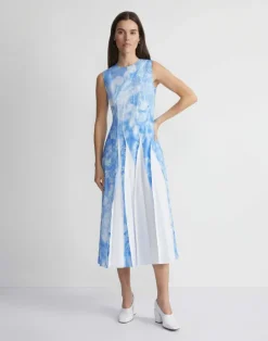 Lafayette 148 New York Eco Flora Print Poplin Pleated Dress Sky Blue Multi