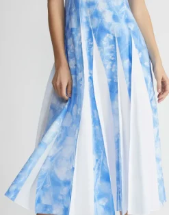 Lafayette 148 New York Eco Flora Print Poplin Pleated Dress Sky Blue Multi