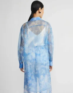 Lafayette 148 New York Eco Flora Print Silk Organza Oversized Tunic Blouse Bluebell Multi