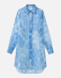 Lafayette 148 New York Eco Flora Print Silk Organza Oversized Tunic Blouse Bluebell Multi