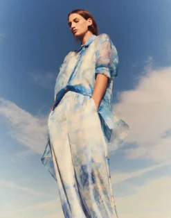 Lafayette 148 New York Eco Flora Print Silk Organza Oversized Tunic Blouse Bluebell Multi