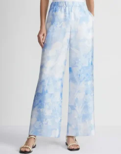 Clearance Lafayette 148 New York Eco Flora Print Silk Twill Riverside Pant Sky Blue Multi