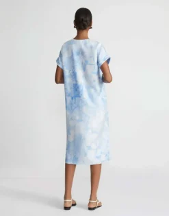Online Lafayette 148 New York Eco Flora Print Silk Twill T-Shirt Dress Sky Blue Multi