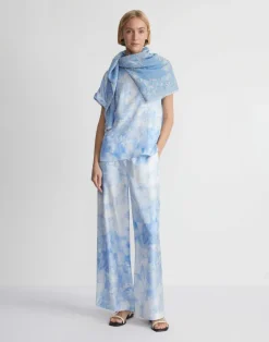 Sale Lafayette 148 New York Eco Flora Print Silk Twill T-Shirt Blouse Sky Blue Multi