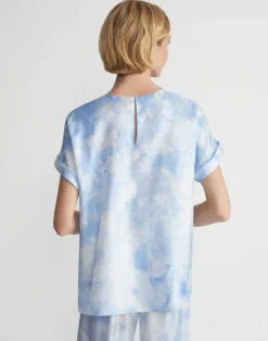Sale Lafayette 148 New York Eco Flora Print Silk Twill T-Shirt Blouse Sky Blue Multi