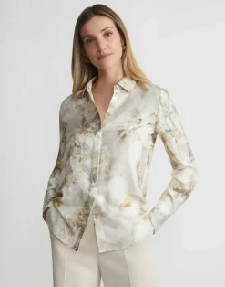 Best Lafayette 148 New York Eco Leaves Print Silk Twill Buttoned Blouse Pebble Multi