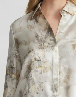 Best Lafayette 148 New York Eco Leaves Print Silk Twill Buttoned Blouse Pebble Multi