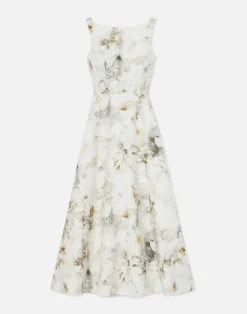 Lafayette 148 New York Eco Leaves Print Silk-Linen Bateau Gown Cloud Multi