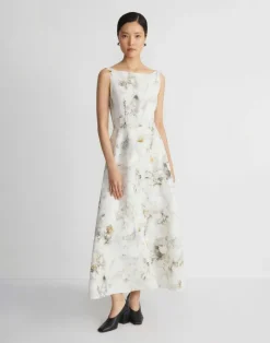 Lafayette 148 New York Eco Leaves Print Silk-Linen Bateau Gown Cloud Multi