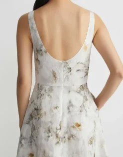Lafayette 148 New York Eco Leaves Print Silk-Linen Bateau Gown Cloud Multi